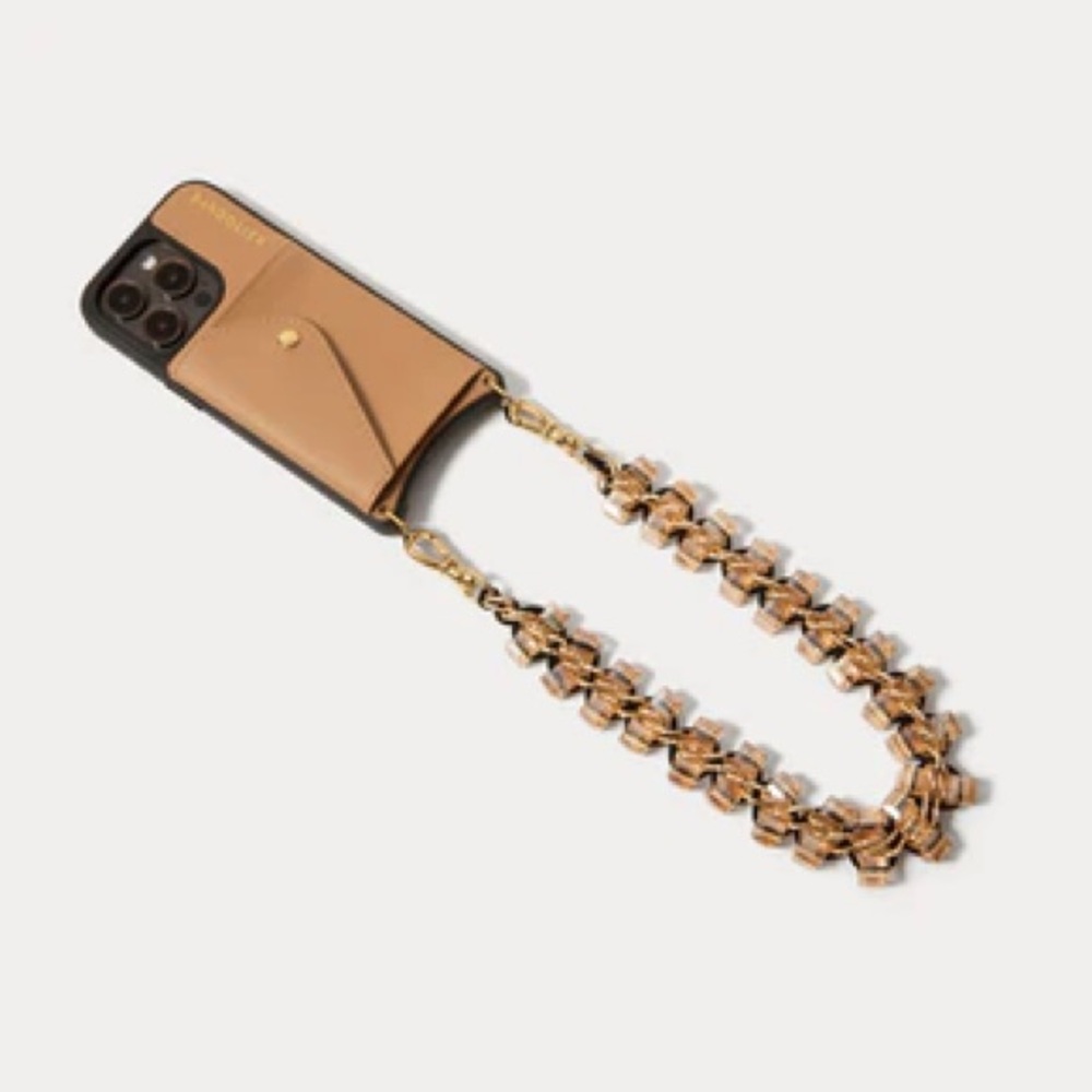 Bandolier Tan Phone Case Wristlet with Crystal Chain Strap for iPhone 13 Pro Max